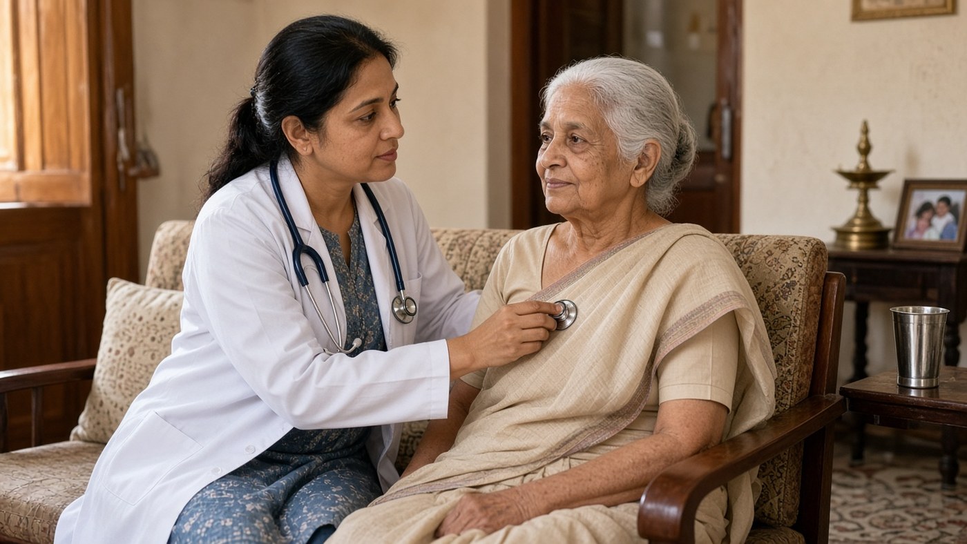 An Indian doctor examines an elderly Indian woman with a stethoscope during a home visit.