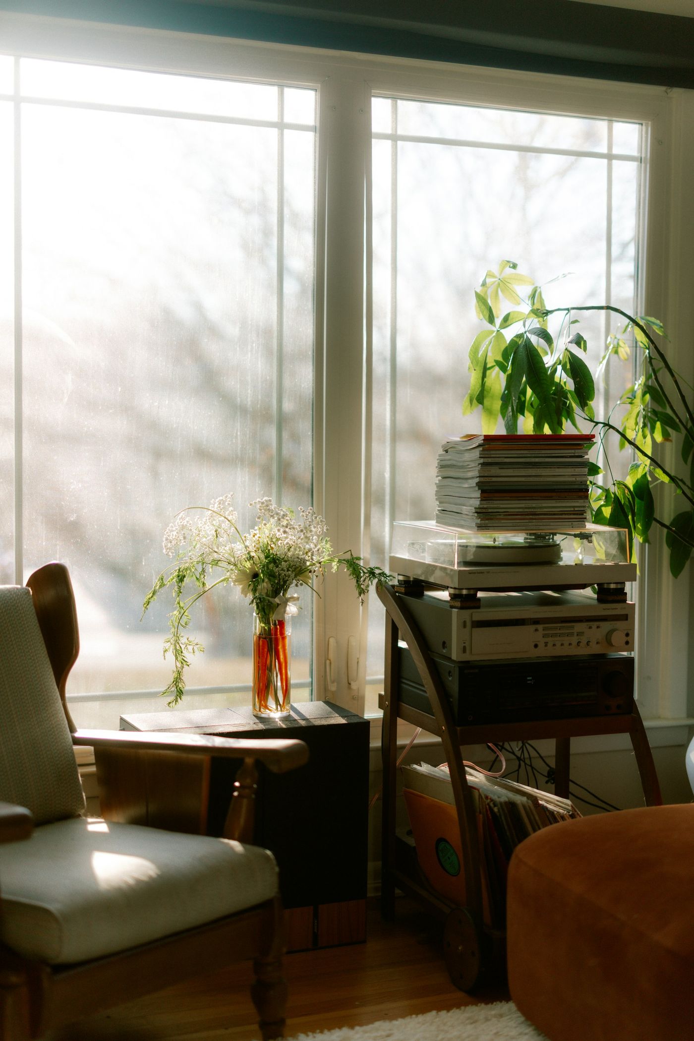 A quiet room at home: an armchair by a sunlit window, plants and a stack of books.